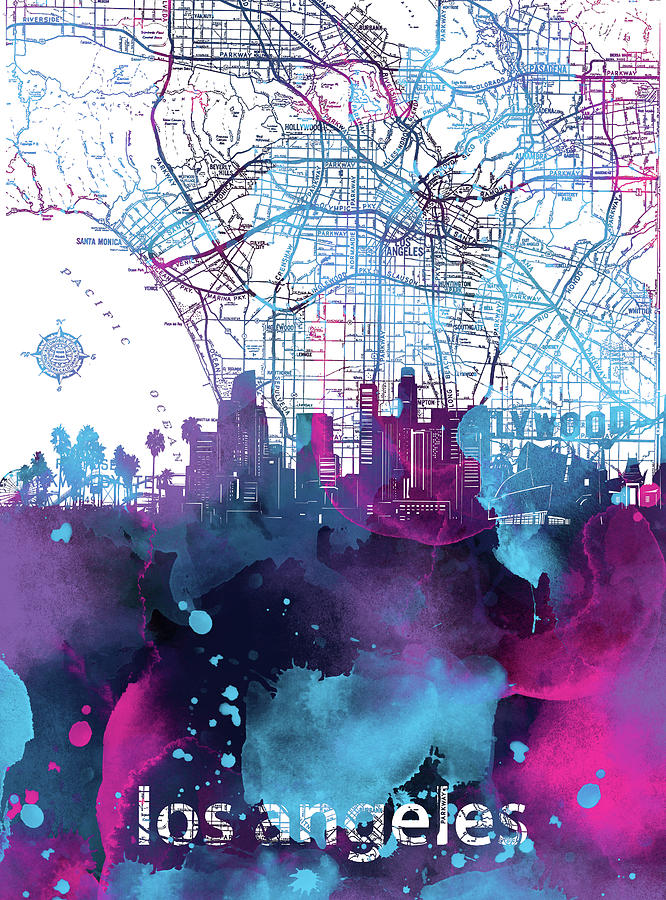 Los Angeles Skyline Map Watercolor Digital Art by Bekim M - Fine Art ...