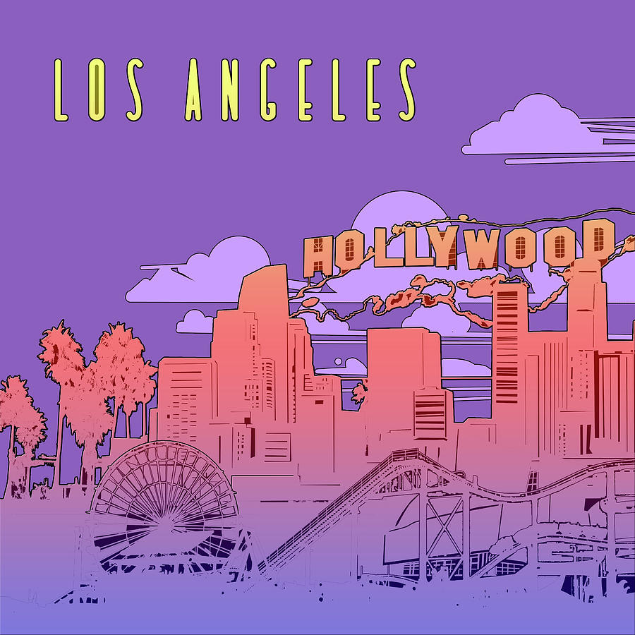 Los Angeles Skyline Panorama Purple Digital Art
