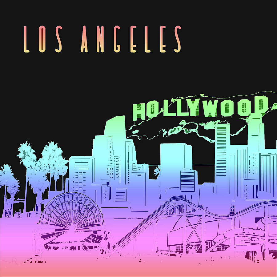 Los Angeles Skyline Panorama Rainbow Digital Art