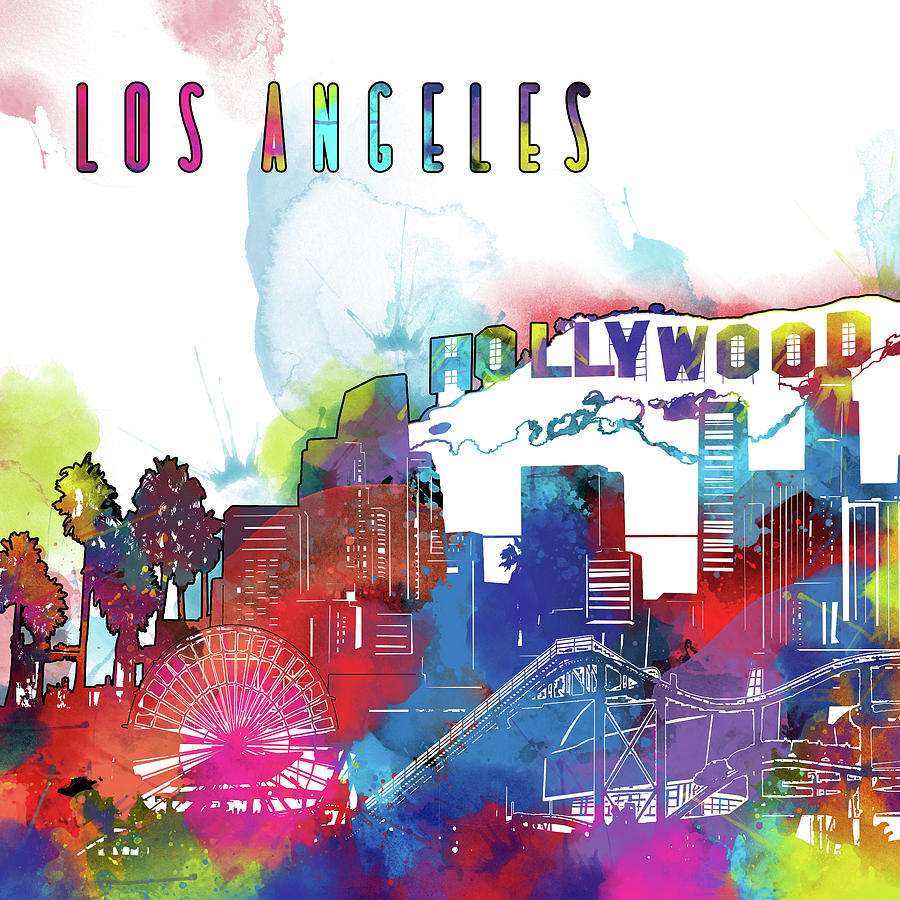Los Angeles Skyline Panorama Watercolor 2 Digital Art