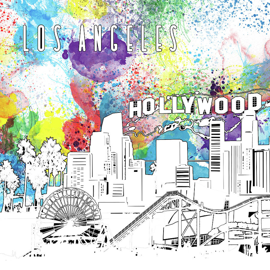 Los Angeles Skyline Panorama Watercolor Digital Art