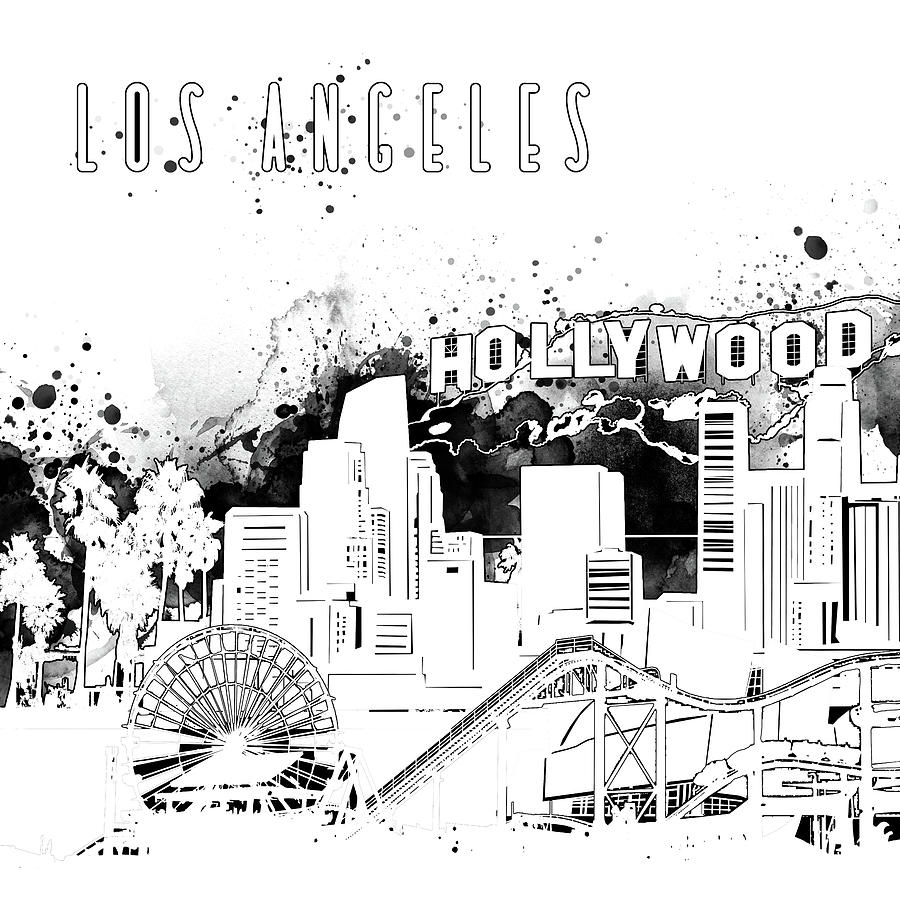 Los Angeles Digital Art - Los Angeles Skyline Panorama White by Bekim M