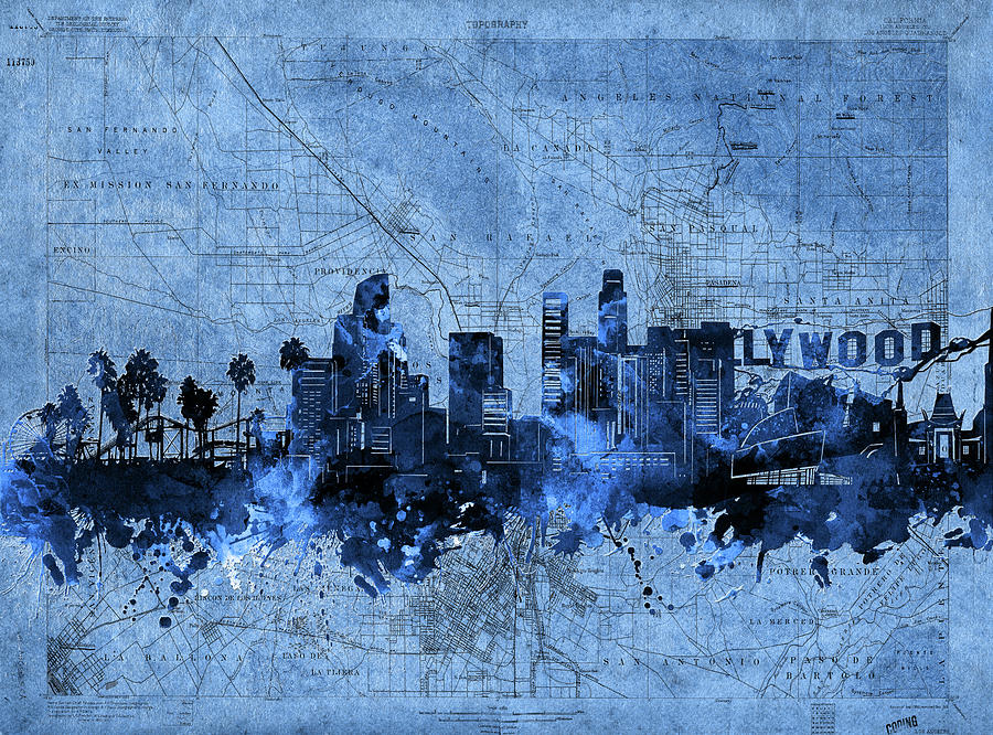 Los Angeles Skyline Vintage Blue Digital Art