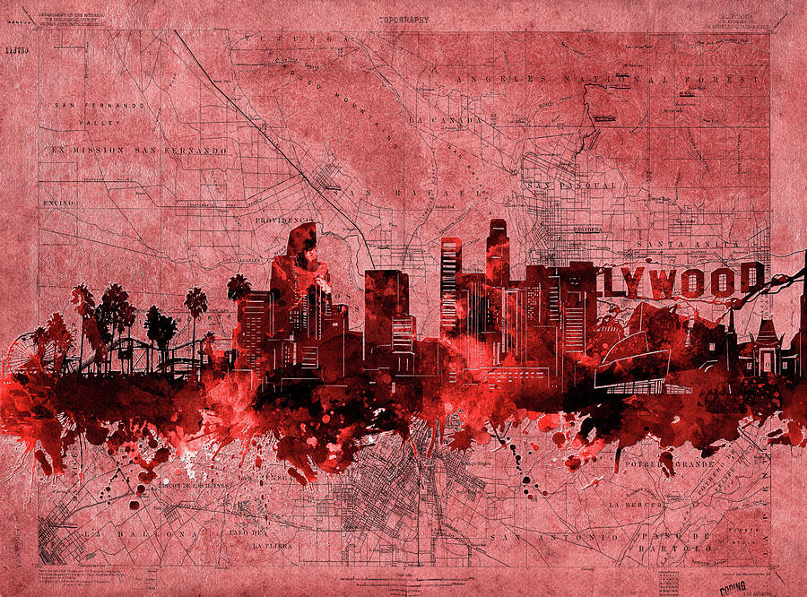 Los Angeles Skyline Vintage Red Digital Art