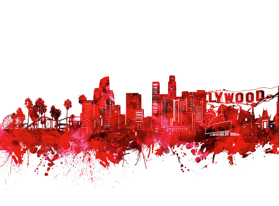 Los Angeles Skyline Watercolor Red Digital Art