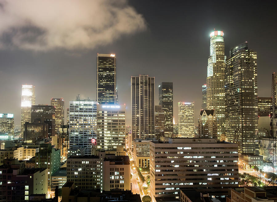 Los Angeles Skyscrapers Lit Up At Night Digital Art by Max Bailen - Pixels