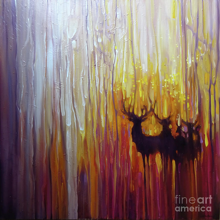 Deer Painting - Lost in the light - semi abstract sunset with deer by Gill Bustamante