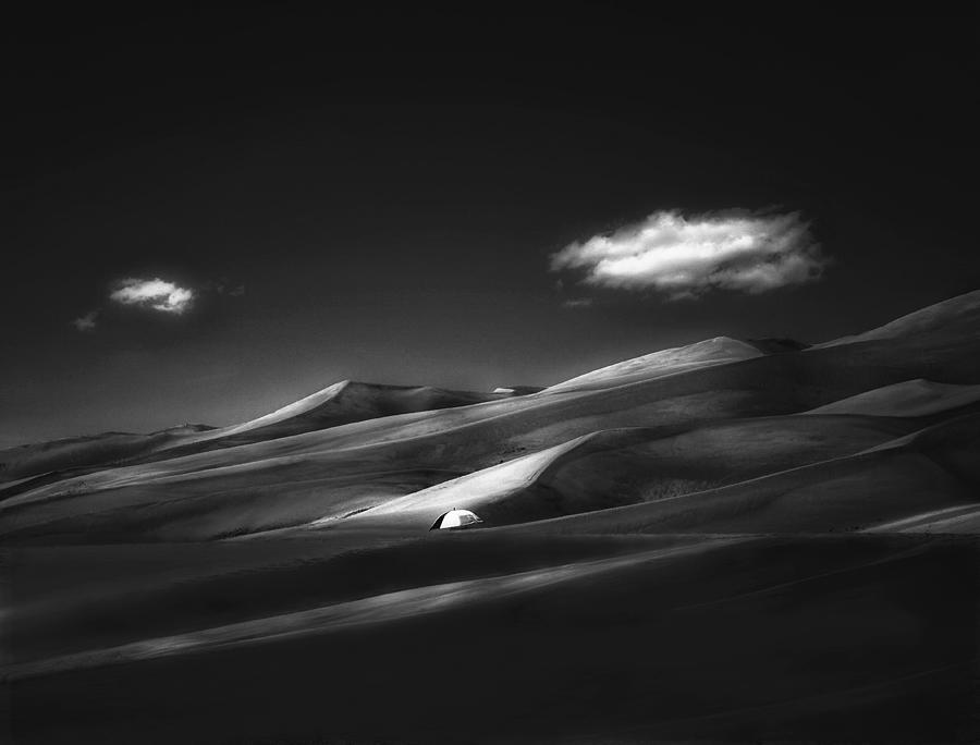 Black And White Photograph - Lost Umbrella In The Mournful Kingdom Of Sand by Yvette Depaepe