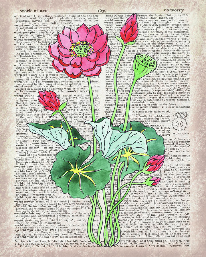 Lotus Dictionary Page Watercolor Art Painting by Irina Sztukowski