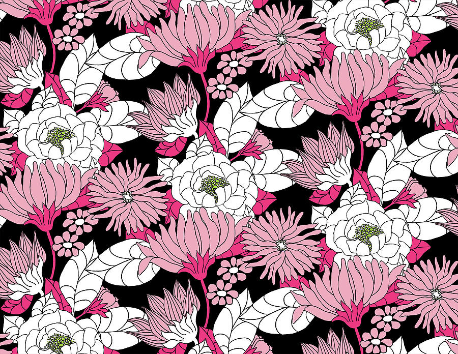 Abstract Drawing - Lotus Flower Pattern (Pink White Black) by CSA Images