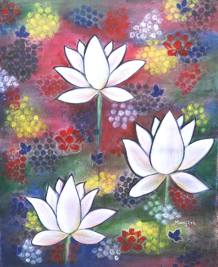 Lotus Trio a vibrant waterlillies abstract art Painting by Manjiri Kanvinde