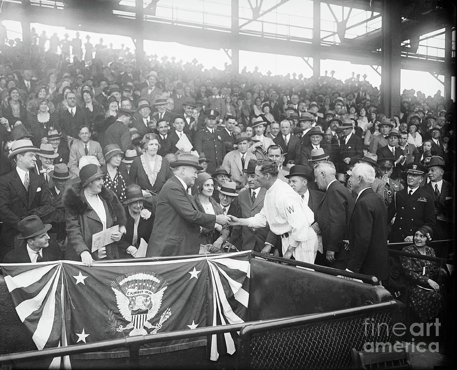 Lou Hoover And Herbert Hoover Shaking Hands With Walter Johnson At Baseball Game, 1931 Photograph by Harris & Ewing