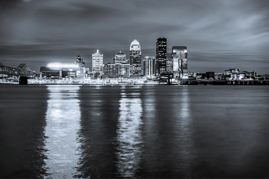 Louisville Kentucky Downtown Skyline Night Monochrome Reflections Photograph by Gregory Ballos
