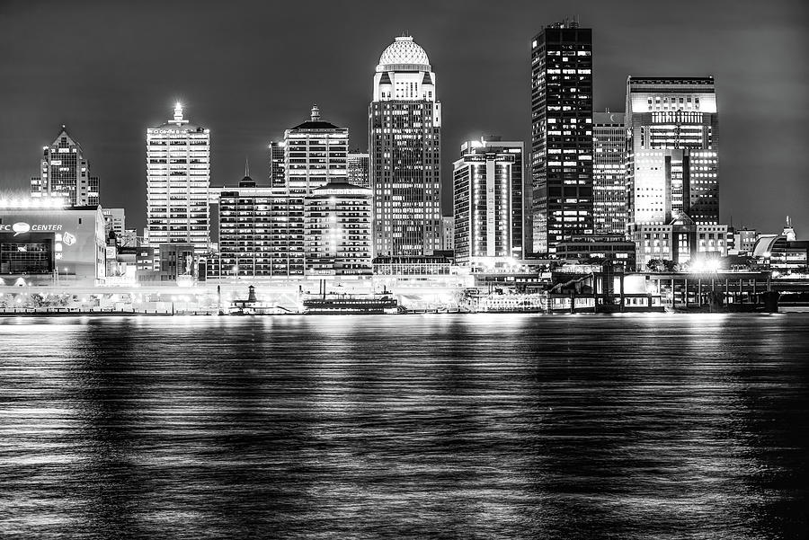 Louisville Kentucky Skyline at Dusk - Black and White Photograph by Gregory Ballos