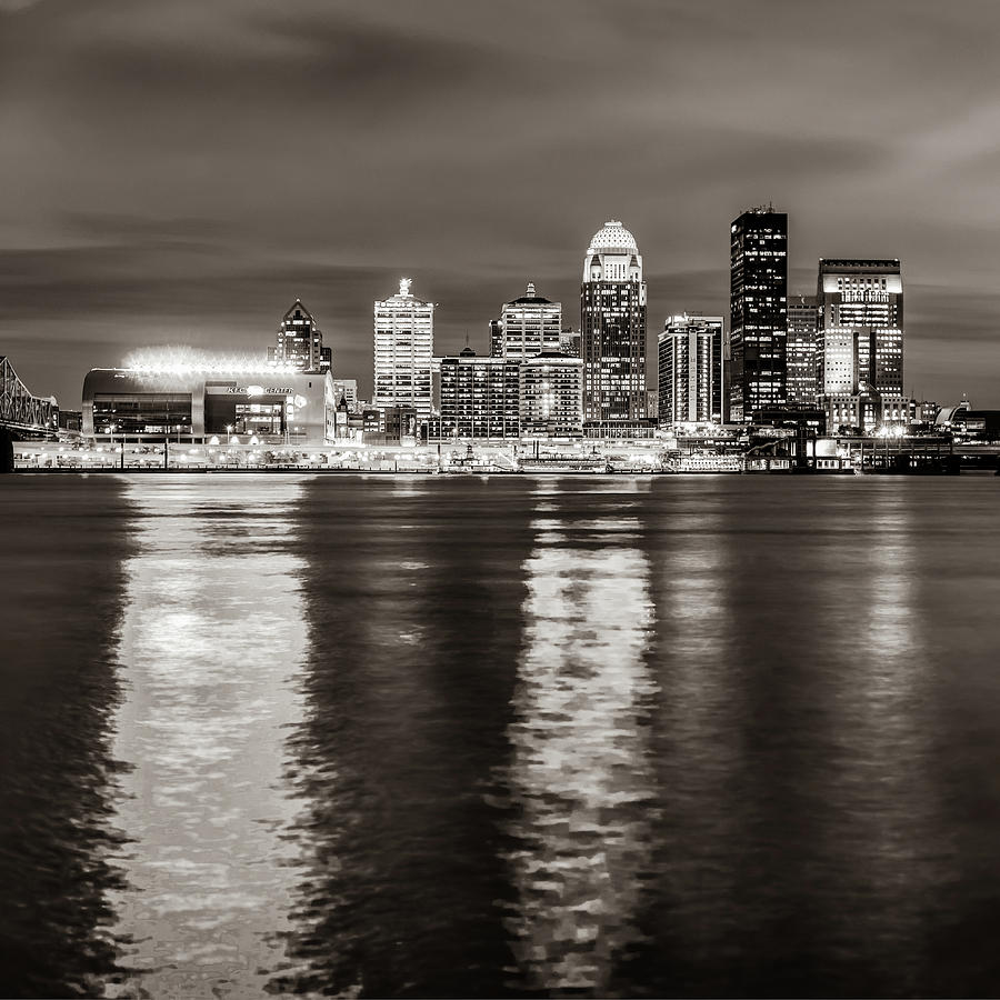 Louisville Skyline Photograph - Louisville Skyline Over the Ohio River - Sepia Square Format by Gregory Ballos