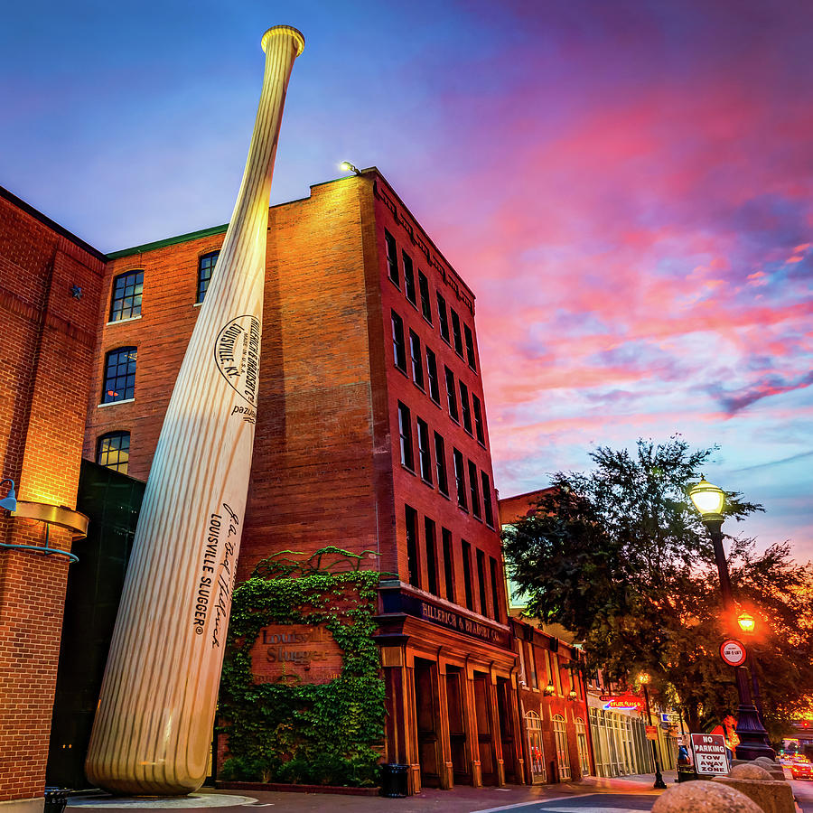 Kentucky Sunset Photograph - Vibrant Skies Over The Louisville Baseball Bat Museum - Square Format by Gregory Ballos