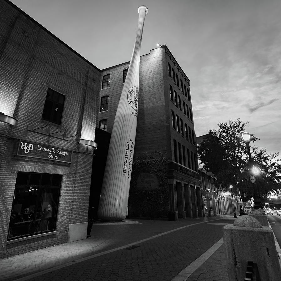 Louisville Slugger Baseball Bat on Building - Black and White