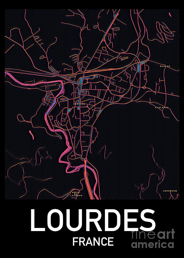 Lourdes City Map Digital Art by HELGE Art Gallery