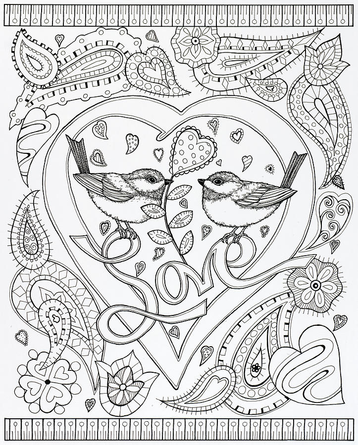 Black And White Painting - Love Birds (pen And Ink) by Kathy Kehoe Bambeck