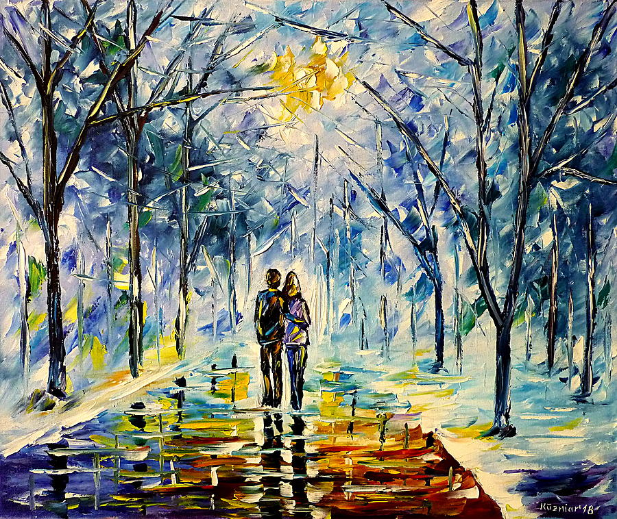 Love Couple In Winter Painting by Mirek Kuzniar