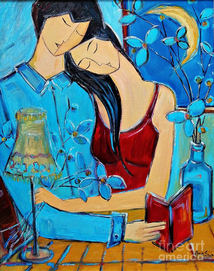 Two Lovers Reading a Book Painting by Amalia Suruceanu