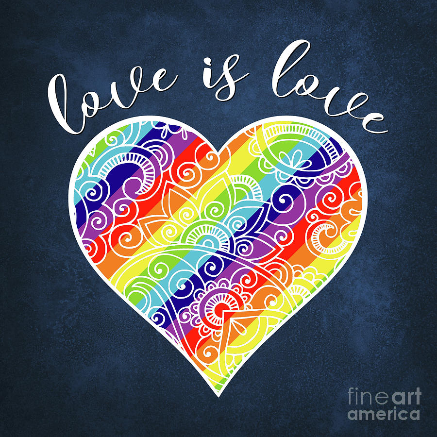 Typography Digital Art - Love is Love Rainbow Heart Gay Pride LGBTQ by Tina Lavoie