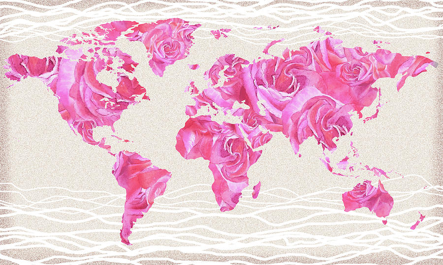 Love Pink Rose Watercolor World Map Painting by Irina Sztukowski