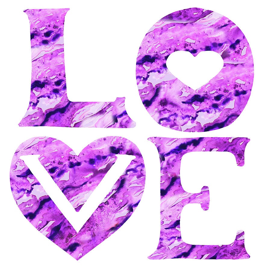 Love Sign Watercolor Silhouette Purple Letters And Hearts I Painting by Irina Sztukowski