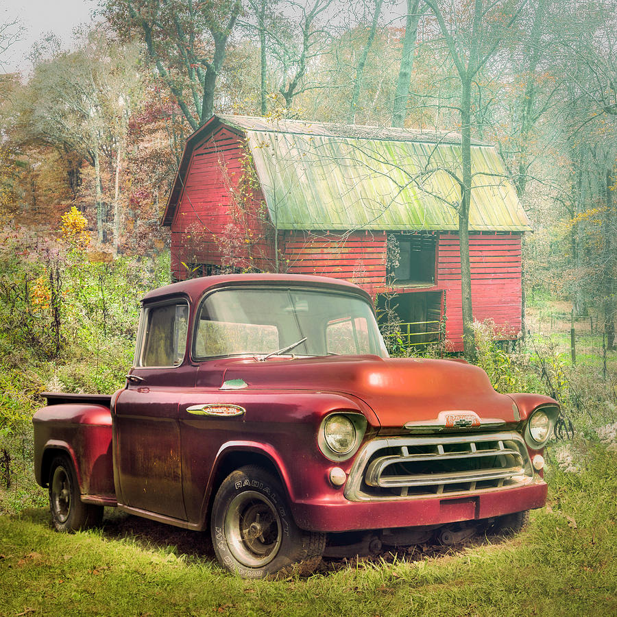 Love that Red 1957 Chevy Truck on a Misty Morning Photograph by Debra and Dave Vanderlaan