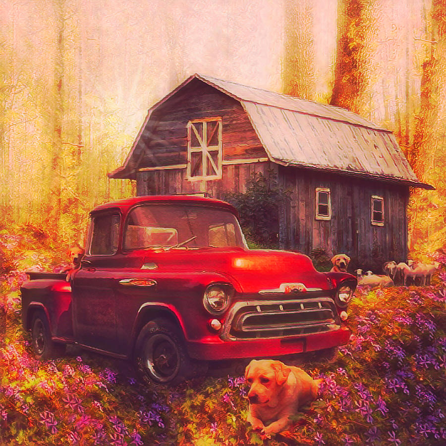 Love that Red Truck at Springtime Postcard in Square Photograph by Debra and Dave Vanderlaan