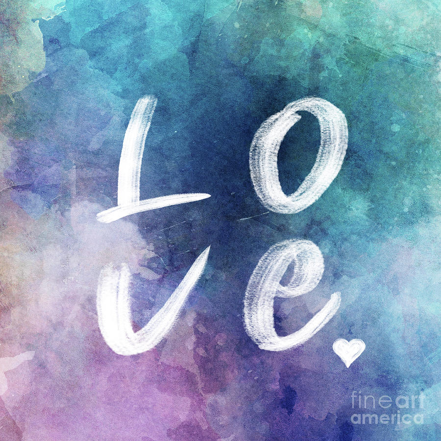 Love watercolor in a blue square Painting by Delphimages Photo Creations