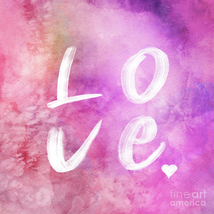 Typography Painting - Love watercolor in a pink square by Delphimages Photo Creations