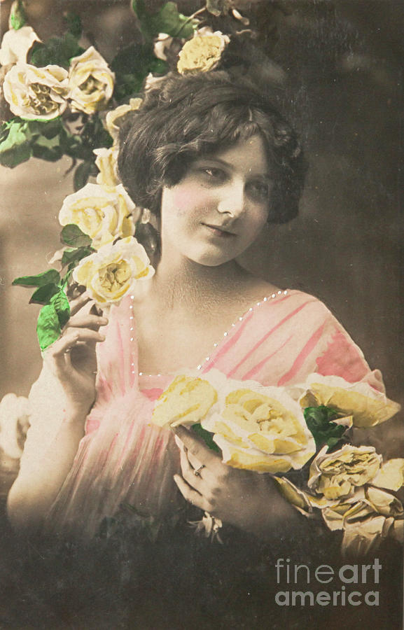 Lovely Girl With Roses In 1913 Photograph