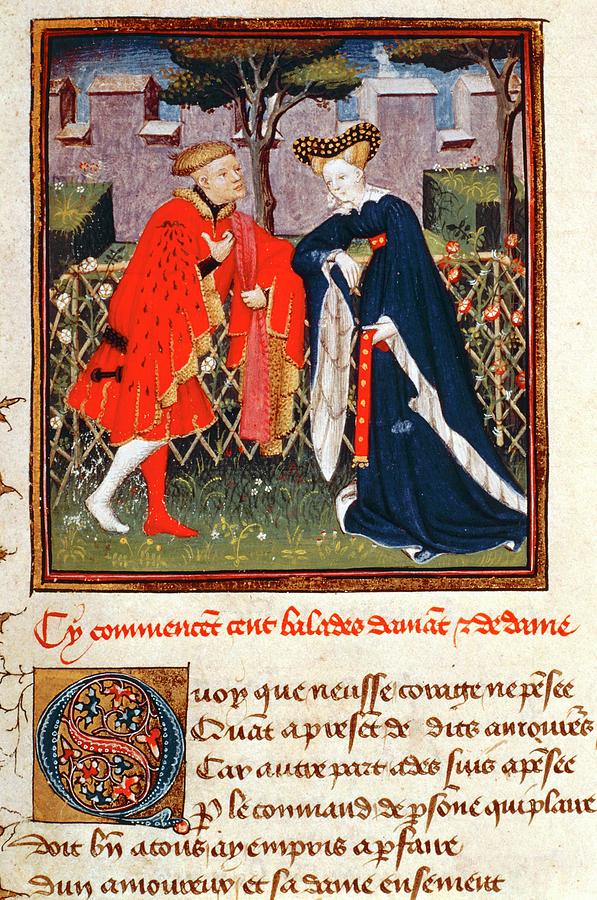Lover telling of love to lady -Christine de Pisan-, mid. 15th century. From Cent ballades damant... Painting by Album