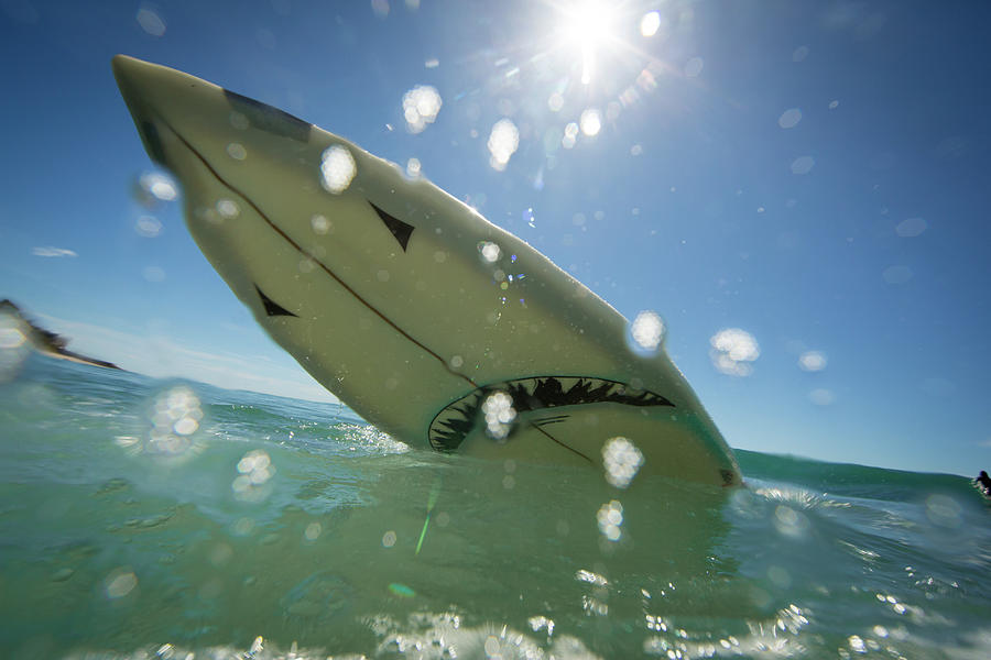 Los Angeles Digital Art - Low Angle View Of Shark Surfboard Splashing On Ocean, Los Angeles, Usa by Sean Murphy
