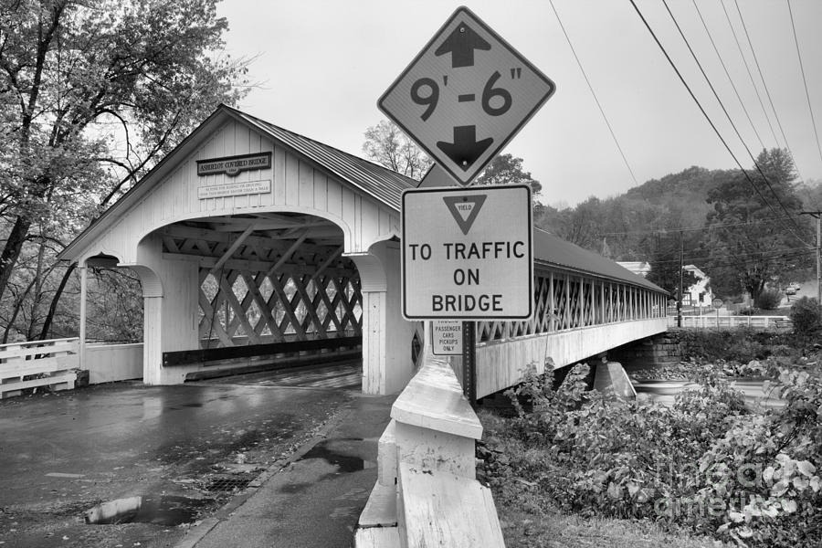 Low Clearance At The Ashuelot Covered Bridge Black And White Photograph by Adam Jewell