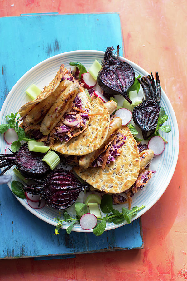 Lowfat Chicken Sasages In Flat Bread With Rebcabbage Slaw Photograph by Lara Jane Thorpe