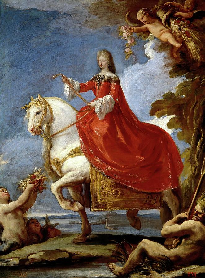 Luca Giordano / Maria Anna of Neuburg, Queen of Spain, on horseback, 1693-1694, Italian School. Painting by Luca Giordano -1634-1705-