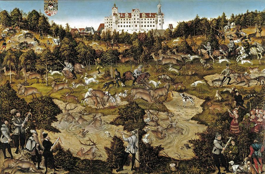 Lucas Cranach / A Hunt in Honor of Carlos V at Torgau Castle, 1544, German School. Painting by Lucas Cranach the Elder -1472-1553- Lucas Cranach / A Hunt in Honor of Carlos V at Torgau Castle, 1544, German School. Painting by Lucas Cranach the Elder -1472-1553-