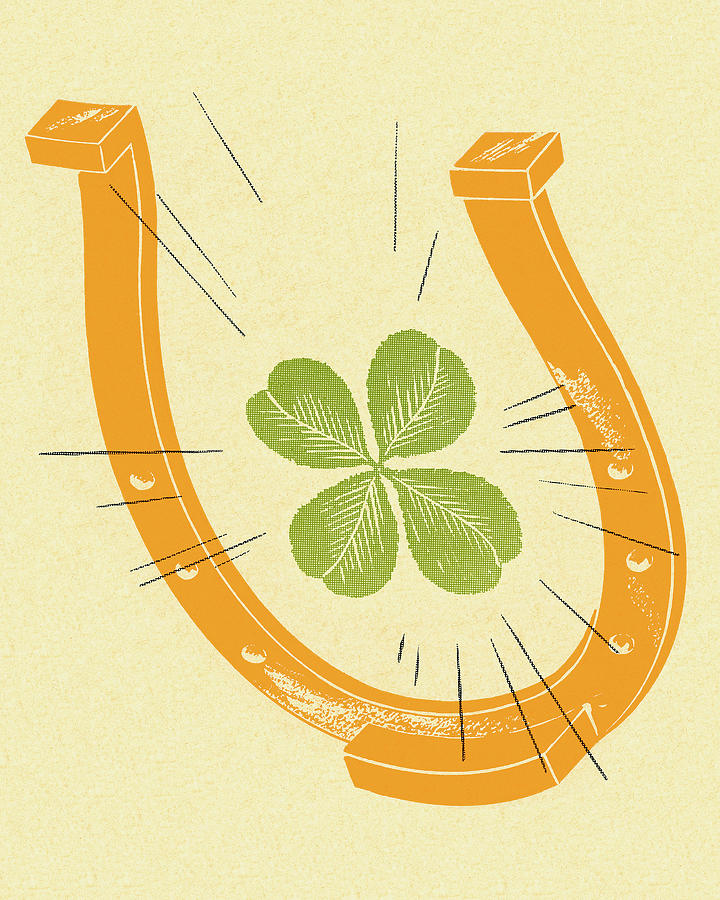 Vintage Drawing - Lucky Shamrock and Horseshoe by CSA Images