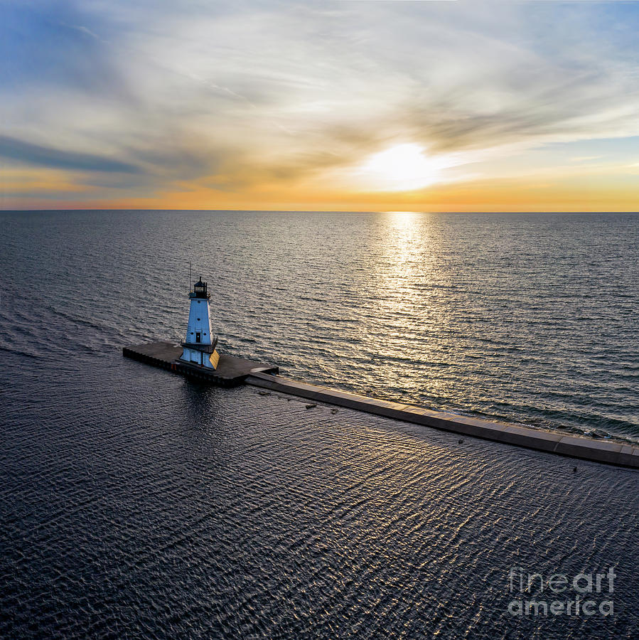 Lighthouse Photograph - Ludington Lighthouse Aerial Sunset Square by Twenty Two North Photography