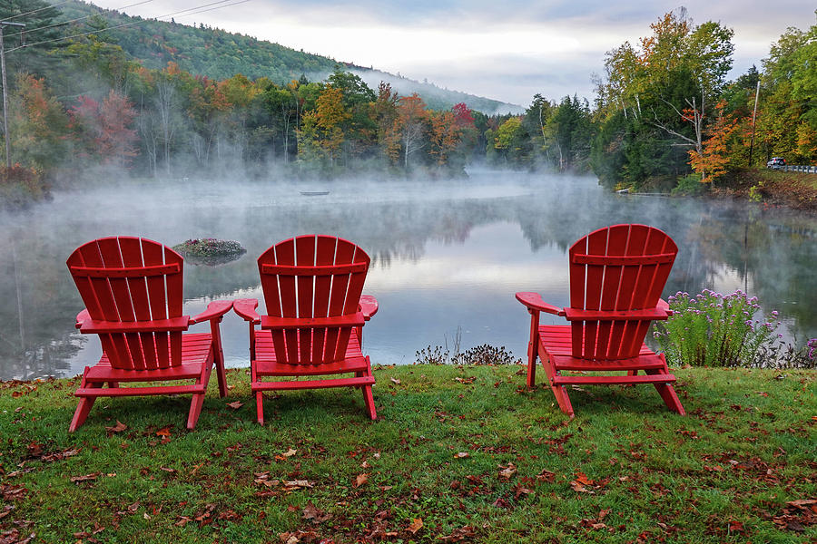 Ludow VT Adirondack Chairs Misty Morning Fall Foliage Photograph by Toby McGuire