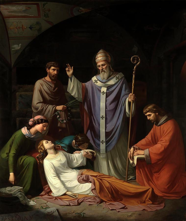 Luis de Madrazo y Kuntz The Burial of Saint Cecilia in the Catacombs of Rome, 1852,Spanish School. Painting by Luis de Madrazo -1825-1897-