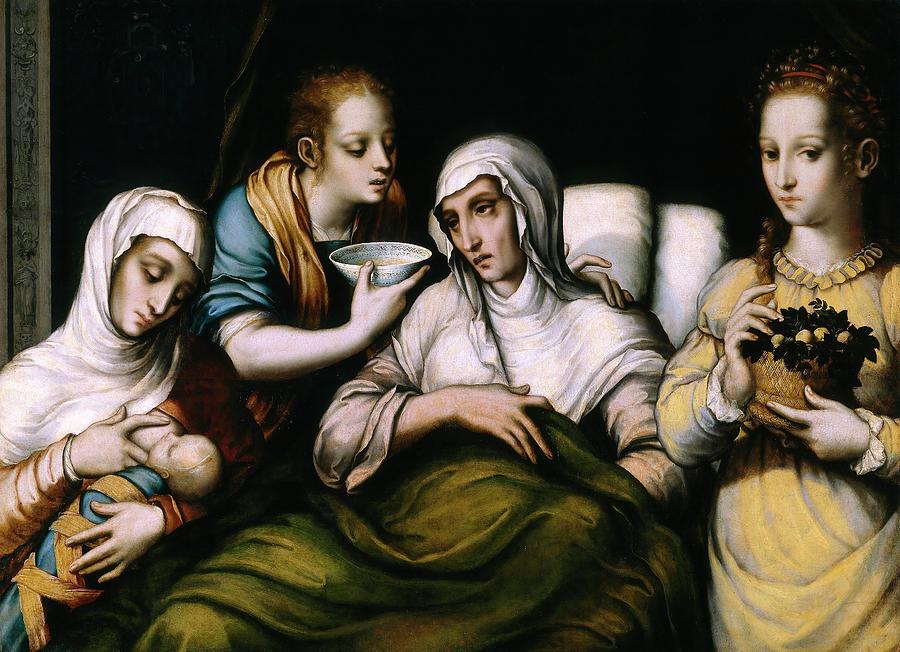 Luis de Morales / The Birth of the Virgin, 1560-1570, Spanish School. VIRGIN MARY. Saint Anne. Painting by Luis de Morales -1509-1586-