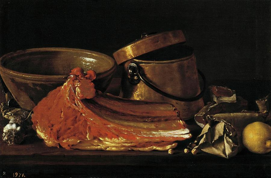 Luis Egidio Melendez / Bodegon con chuleton, condimentos y recipientes, Late 18th century. Painting by Luis Melendez -1716-1780-