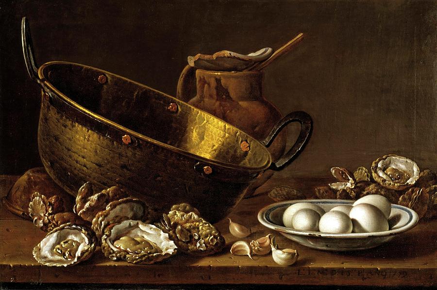 Luis Egidio Melendez / Bodegon con ostras, ajos, huevos, perol y puchero, 1772, Spanish School. Painting by Luis Melendez -1716-1780-