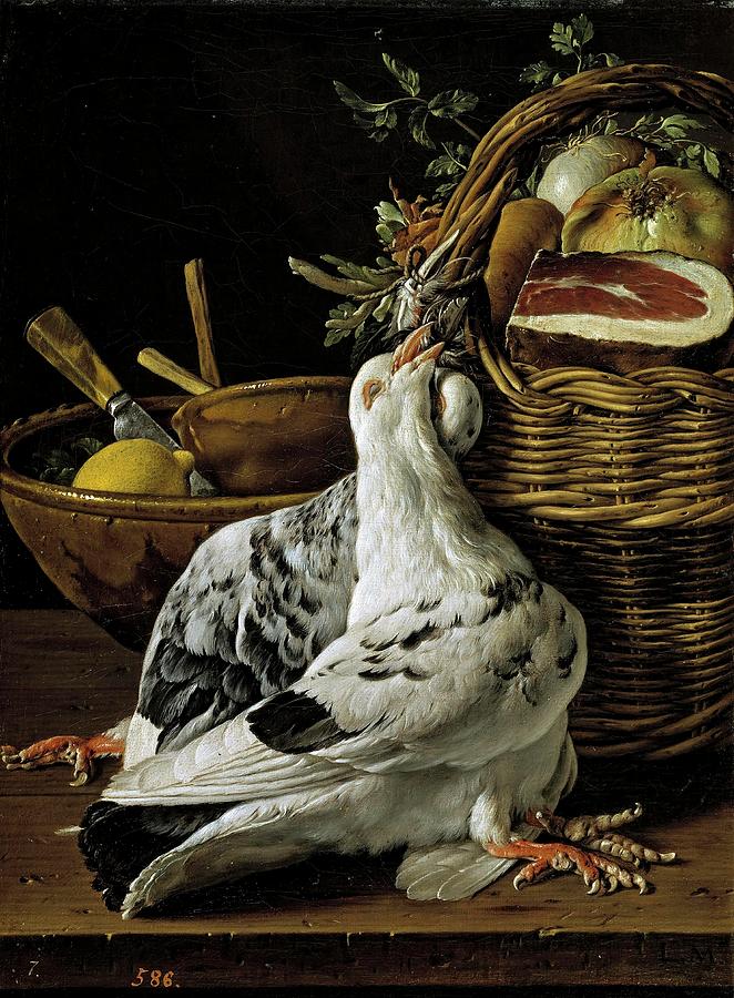 Luis Egidio Melendez Bodegon con pichones, cesta de comida y cuencos, 18th century,Spanish School. Painting by Luis Melendez -1716-1780-