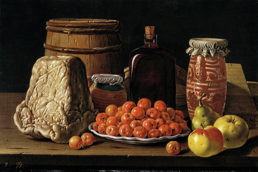 Luis Egidio Melendez Bodegon con plato de acerolas, frutas, queso, melero y otros recipientes. Painting by Luis Melendez -1716-1780-