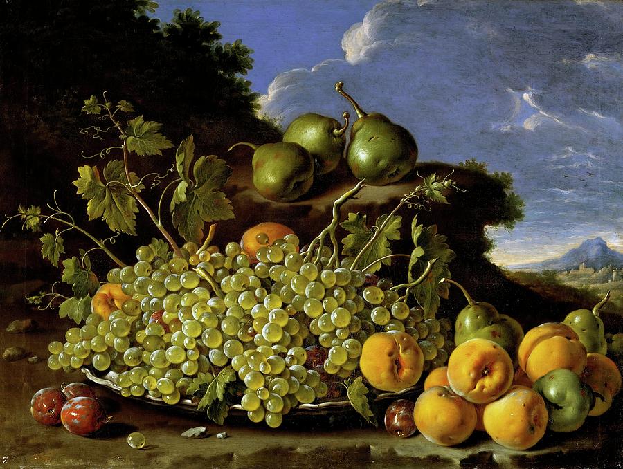 Luis Egidio Melendez / Bodegon con plato de uvas, melocotones, peras y ciruelas en un paisaje. Painting by Luis Melendez -1716-1780-