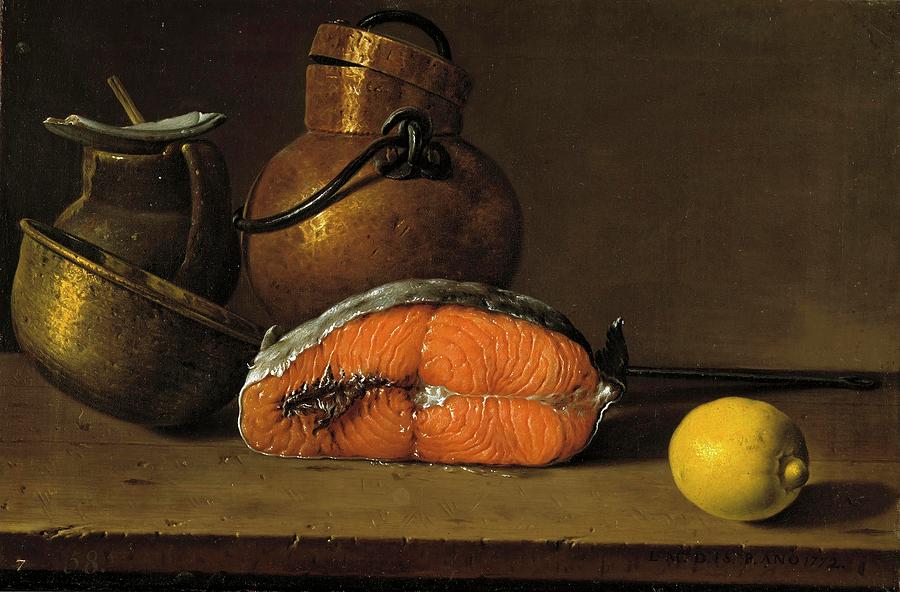 Luis Egidio Melendez / Piece of Salmon, a Lemon and Three Vessels, 1772, Spanish School. Painting by Luis Melendez -1716-1780-